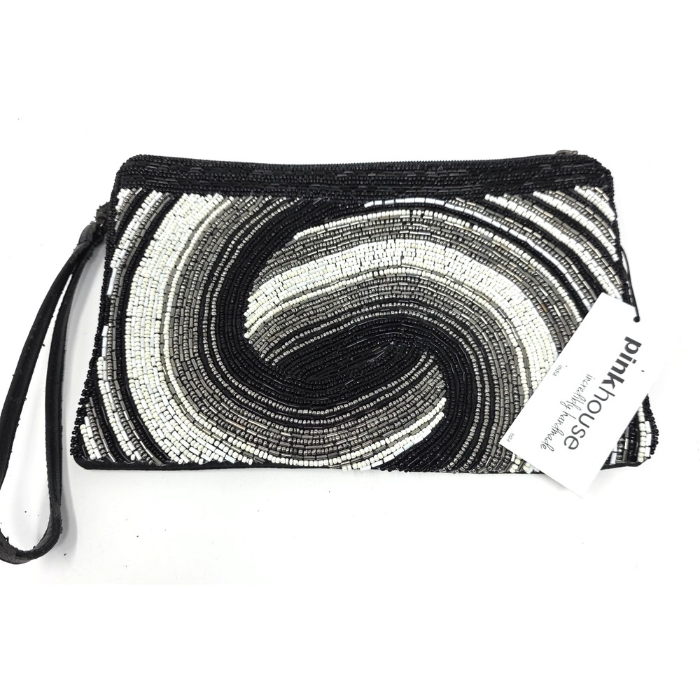Pinkhouse Beaded Swirl Wristlet Clutch Handmade Boho Evening Bag Black White NWT